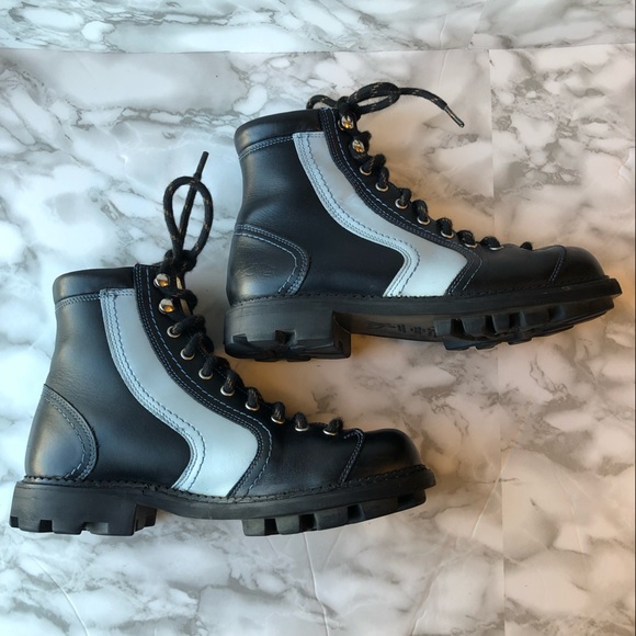 John Fluevog Black Chunky Platform Lace Up Combat Boots with Blue Angle Stripe - Picture 8 of 16